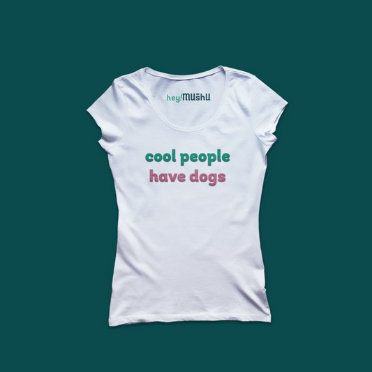 Women's embroidered t shirt - cool people have dogs (green & pink)